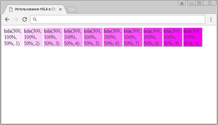 Рис. 50 Пример задания цвета с помощью HSLA в CSS.