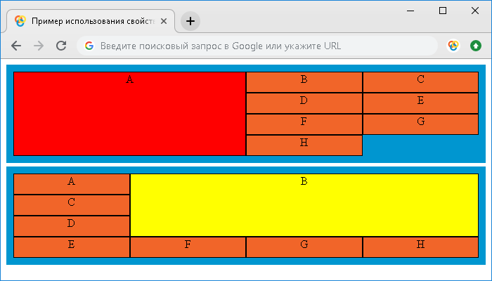 Пример использования свойства grid-area (четыре значения).