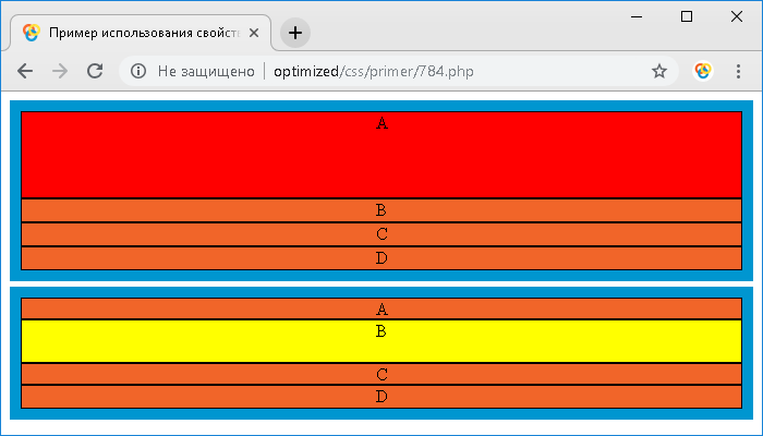 Пример использования свойства grid-row-start и grid-row-end.