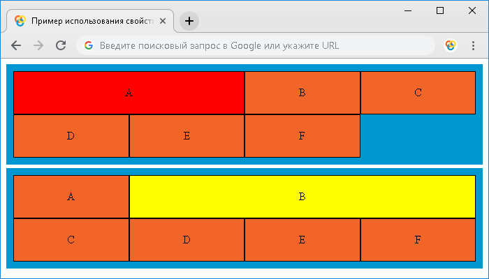 Пример использования свойства grid-column-end и ключевого слова span.