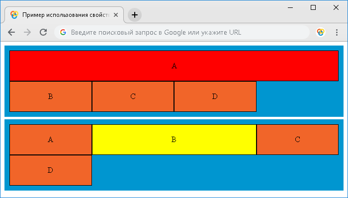 Пример использования свойства grid-column-start и grid-column-end.
