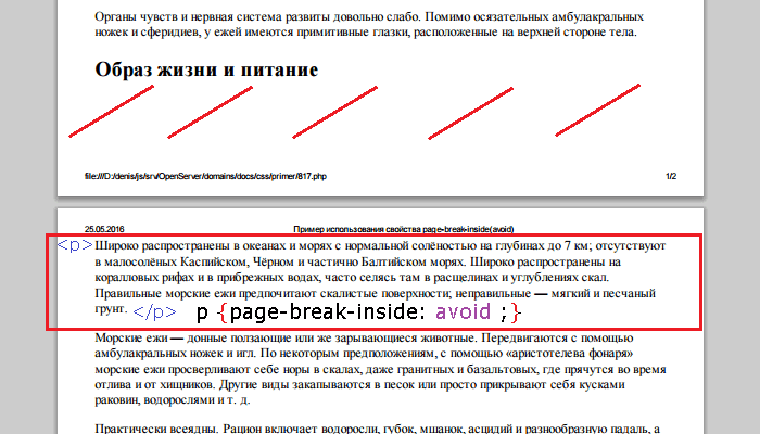 Пример использования свойства page-break-inside со значением по умолчанию auto(определяет наличие или отсутствие разрыва страницы внутри заданного элемента при печати документа).