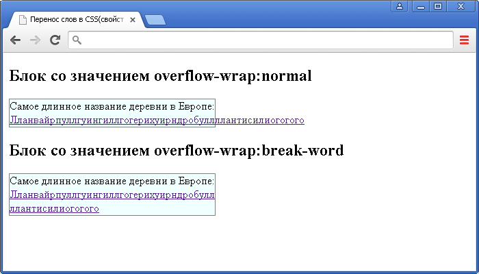 Пример использования CSS свойства overflow-wrap(перенос слов в CSS).