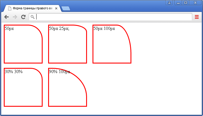 Установка формы границы нижнего угла элемента в CSS (свойство border-top-right-radius).