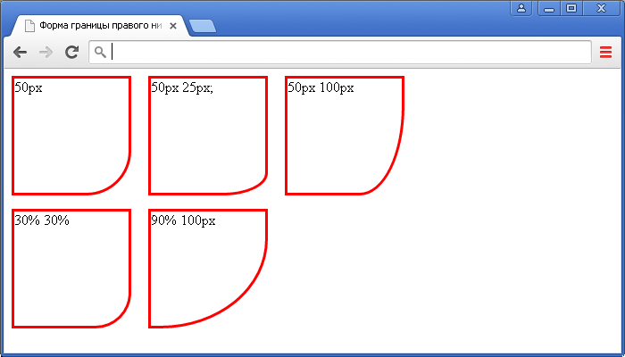 Установка формы границы нижнего угла элемента в CSS (свойство border-bottom-right-radius).