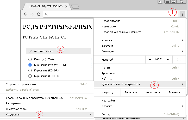 Рис. 6 Пример настройки кодировки в браузере Chrome.