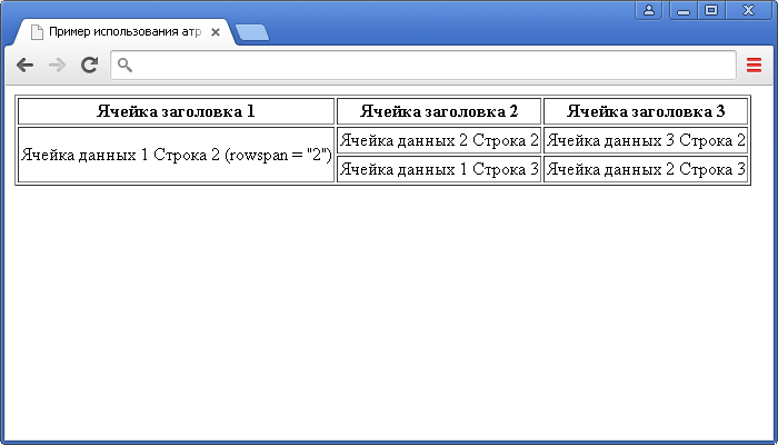 Пример использования атрибута rowspan HTML тега <td> (число столбцов, которое ячейка данных должна охватывать).